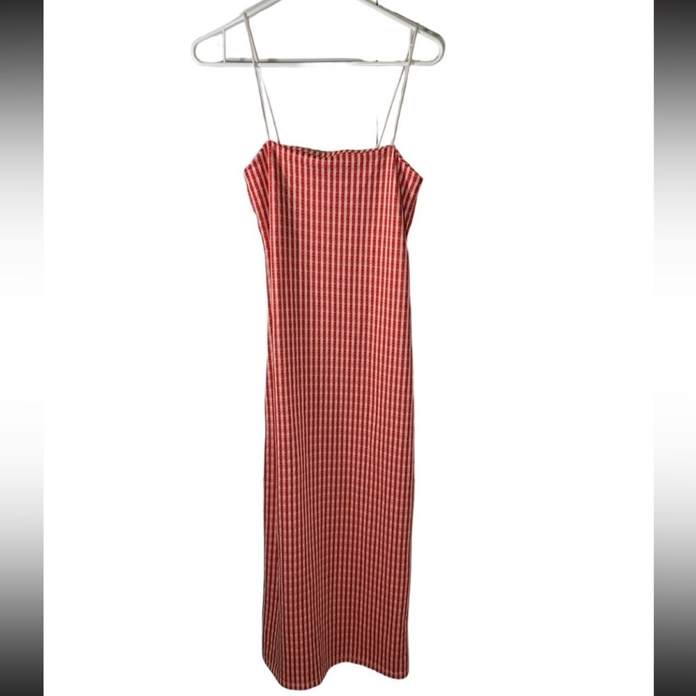Zara Small Jacquard Red Check Midi Dress